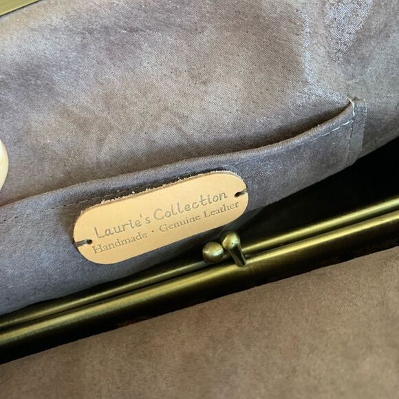 Handmade Genuine Leather Floral Print, Top Wood Handle Bag & Small Clutch Set - Picture 16 of 16